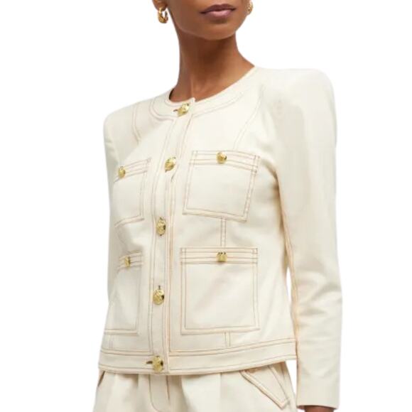Veronica Beard Ferazia Denim Jacket NEW Ecru Brown Top Stitch Gold Buttons Sz 0 - Picture 1 of 8